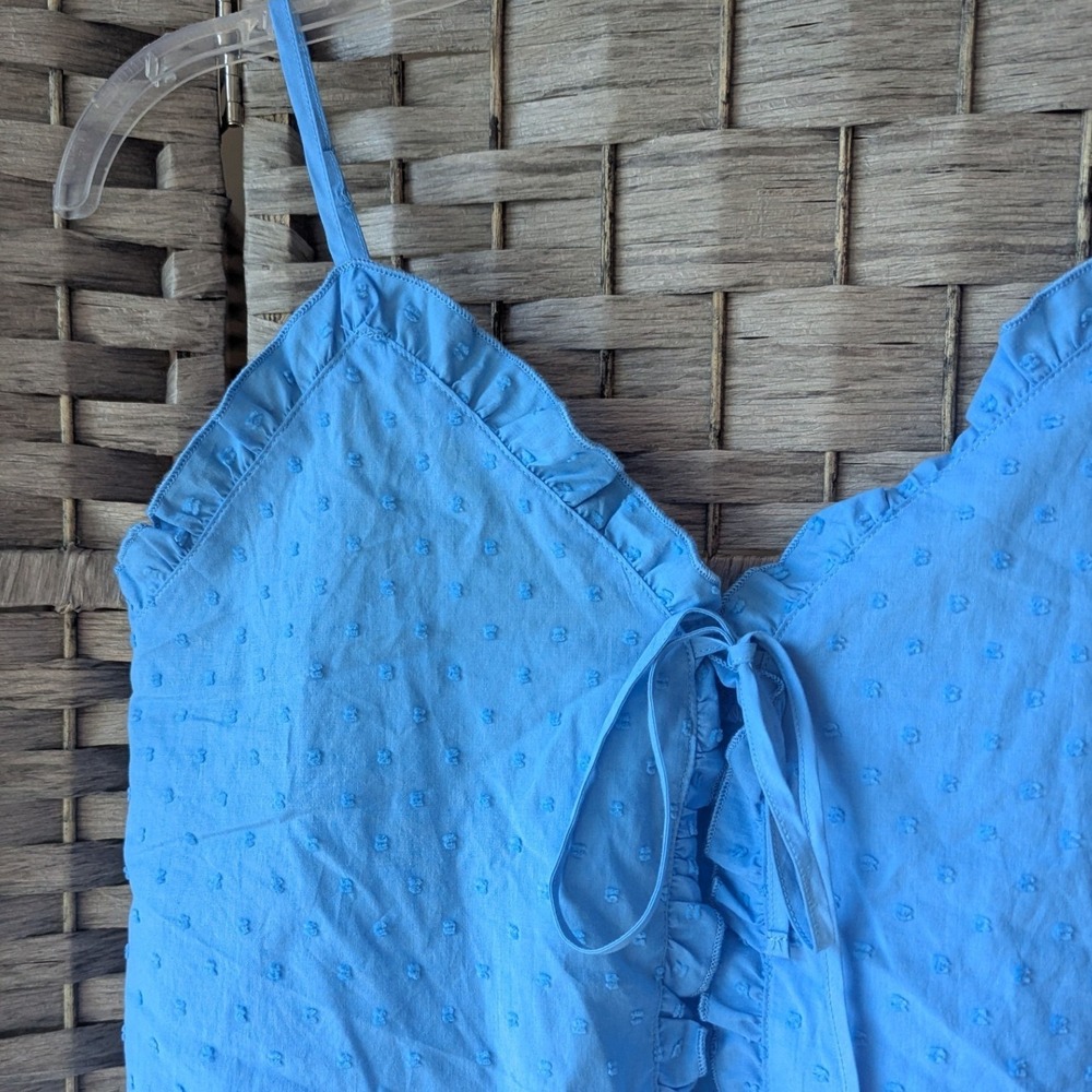 Dainty Cotton Cami Top Cornflower Blue Swiss Dot Ruffle Tie Fly Away Front Sz S - Picture 2 of 7